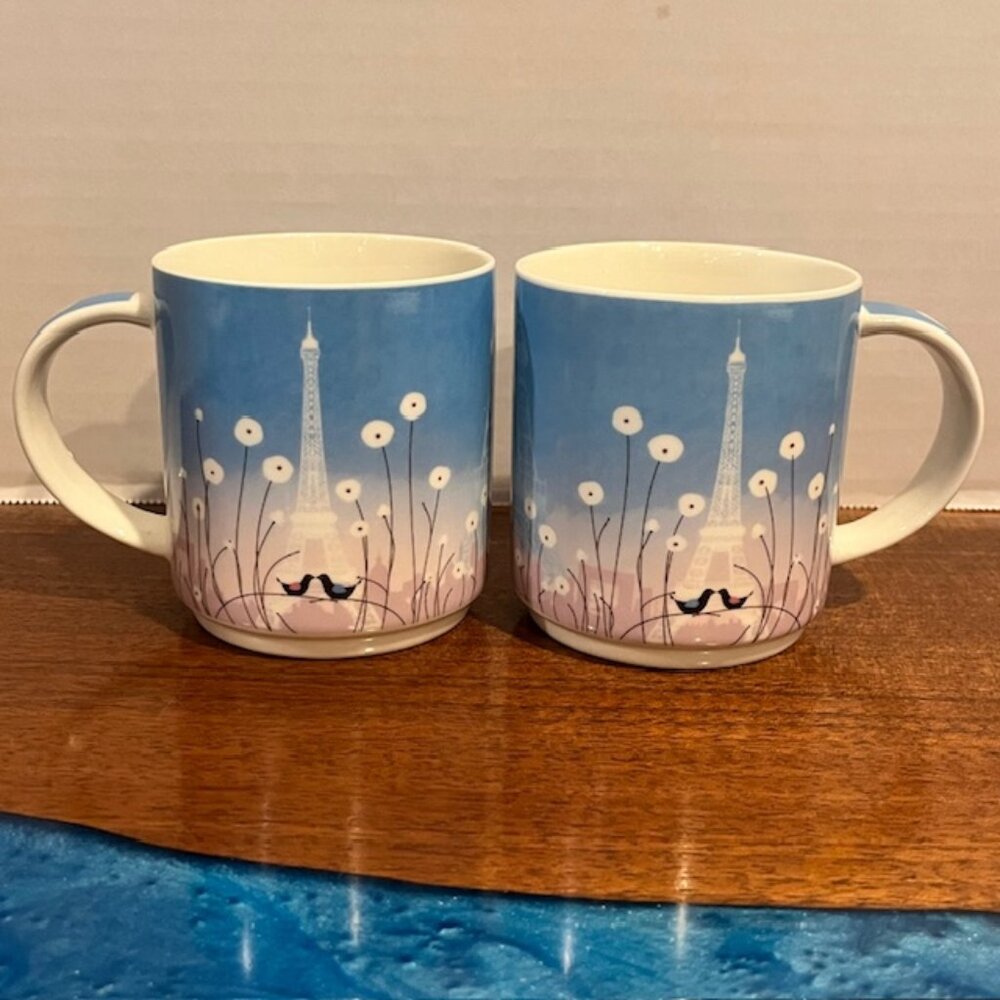 (2) Paris Eiffel Tower Lovebirds Porcelain Stackable Mugs Cups by J. Fielder